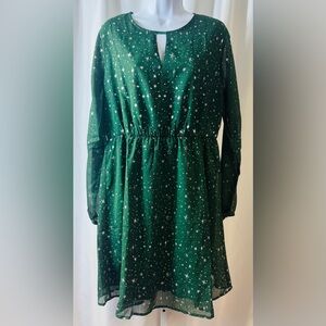 Allegra K Green‎ w/Silver Star Print Midi Dress Sz L